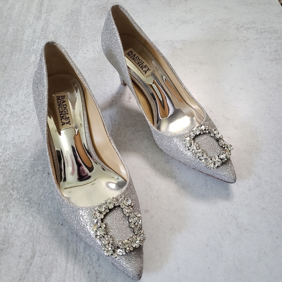 Badgley Mischka Carrie Crystal Embellished Pump Silver Glitter Heels SZ 6.5 - Picture 3 of 9